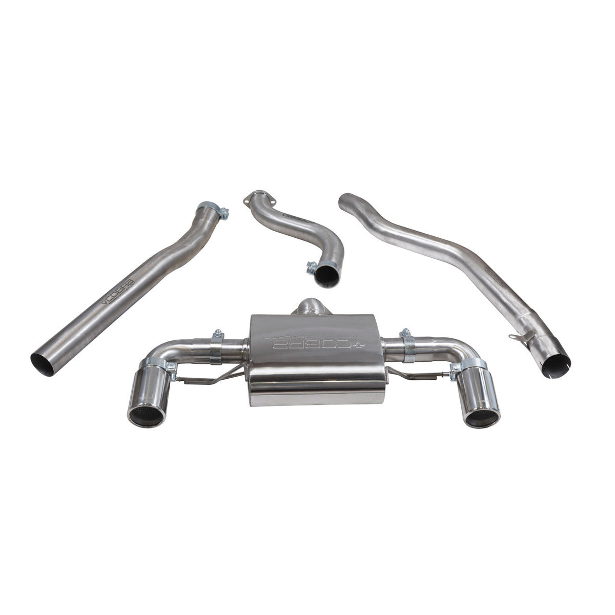 Cobra Sport BMW M240i cat back performance exhaust, non-resonated, with dual exhaust tips and sporty design.