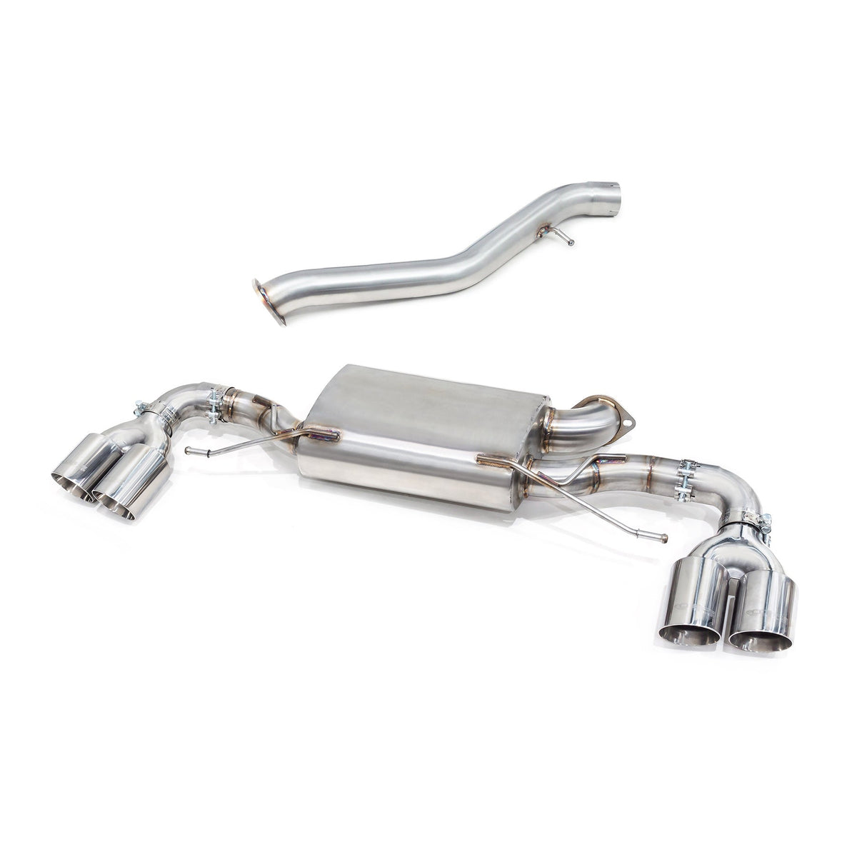 Cobra Sport BMW 320i G20 non-valved quad exit performance exhaust with M3 style design, installed on a 3 Series G20.