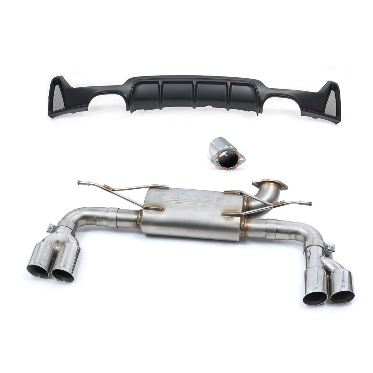 Cobra Sport BMW 420i quad exit performance exhaust conversion for F32/F33/F36 models, showing twin rear exhaust tips.