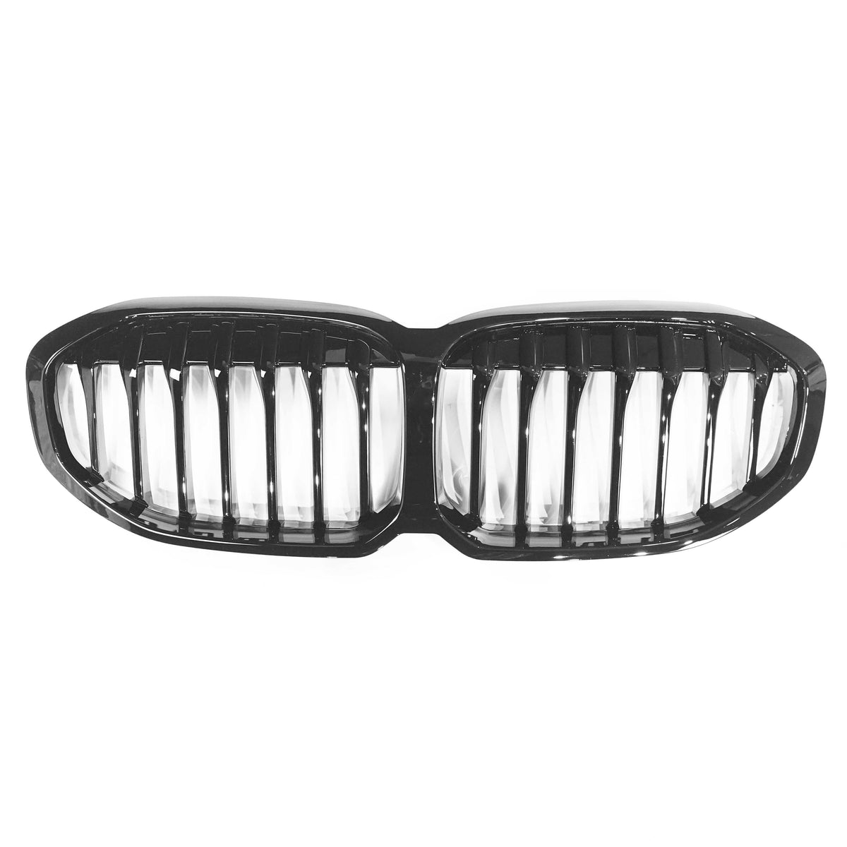 BMW F40 1 Series gloss black single slat grille by CT Carbon, close-up view of sleek black grille with single slat design.