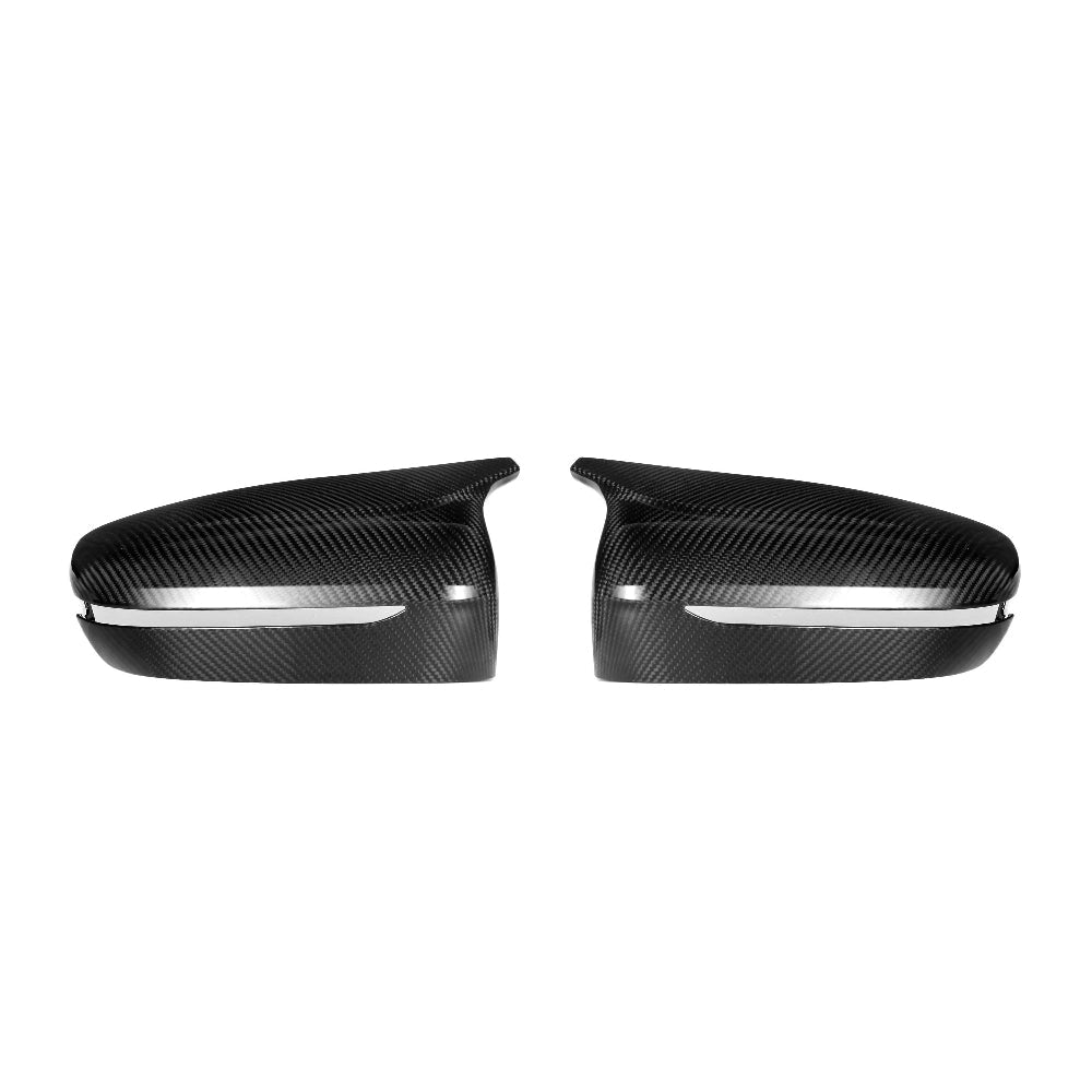 BMW F90 M5 2018-2023 pre-preg carbon fiber side mirrors for LHD models, featuring sleek carbon fiber finish and aerodynamic design.