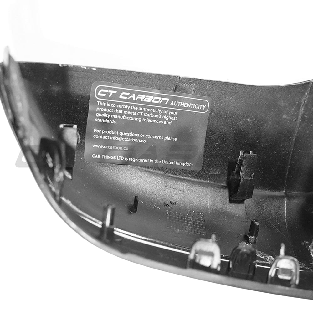 BMW F90 M5 M5 Competition carbon fibre side mirrors by CT Carbon, LHD only, showing sleek, lightweight mirror covers with carbon fiber finish.