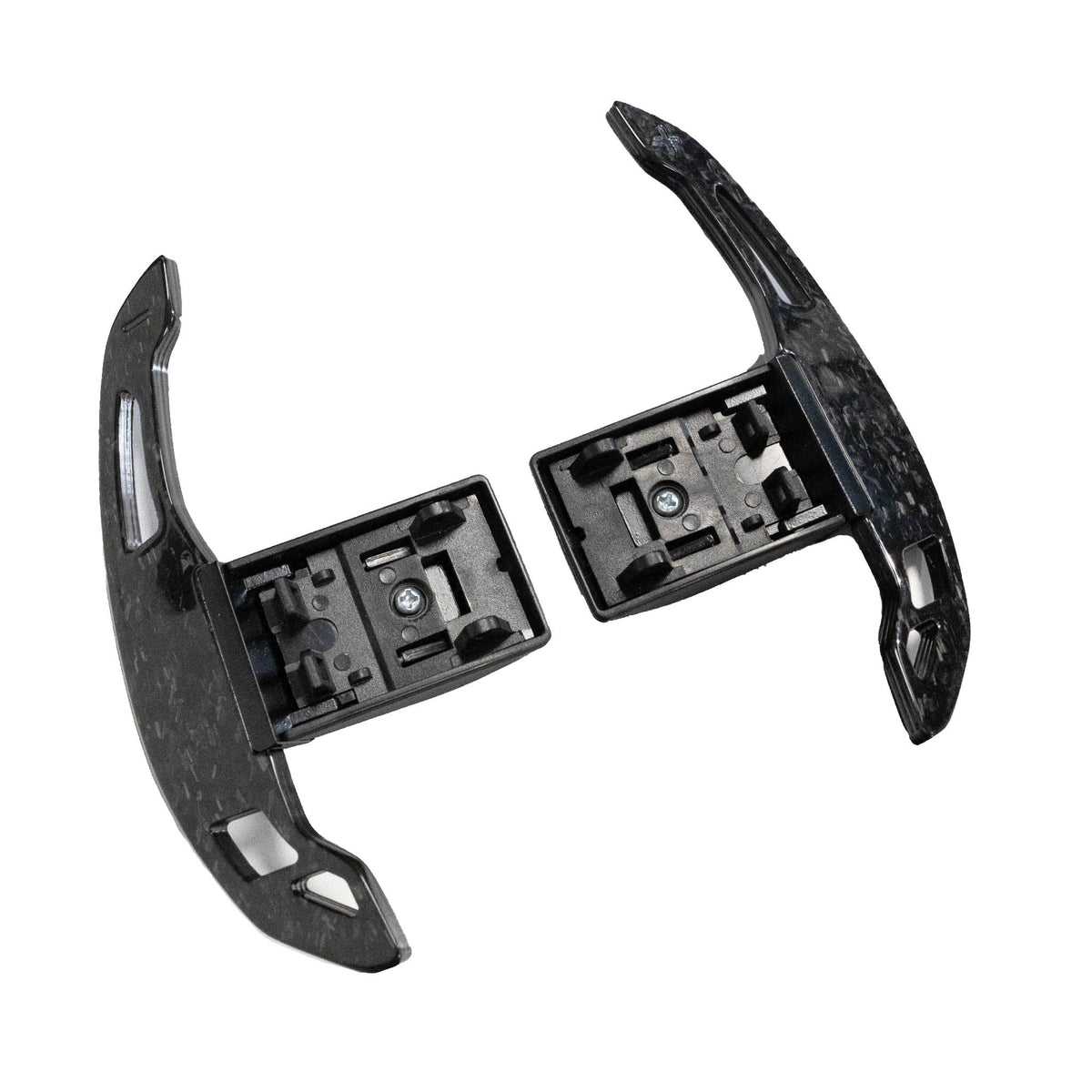 BMW Fxx forged carbon fiber shifter paddles by CT Carbon, showcasing sleek V3 design with textured carbon fiber surface.