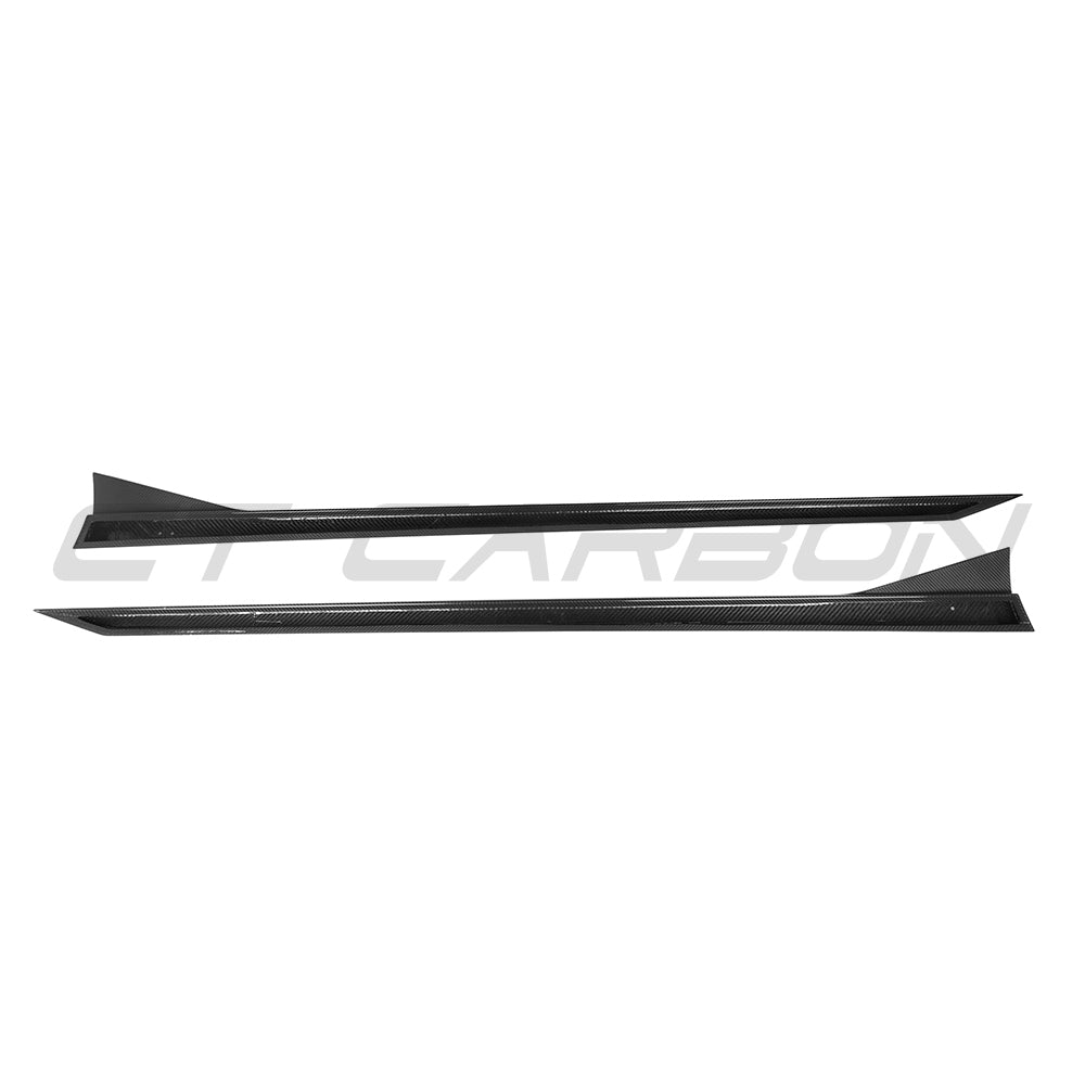 BMW G90 G99 M5 2024 carbon fibre side skirts by CT Carbon, showing sleek, aerodynamic design on a sporty vehicle.
