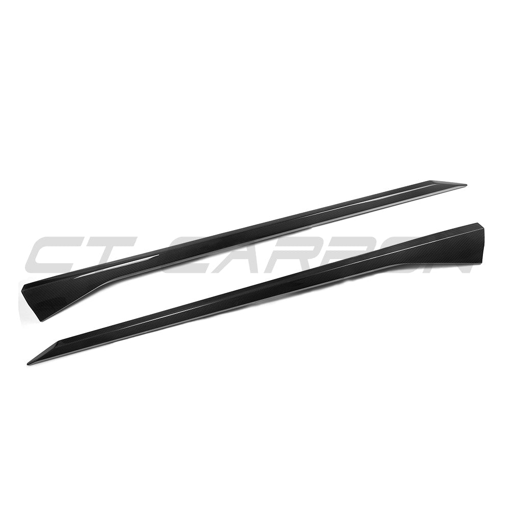 BMW G90 G99 M5 2024 carbon fiber side skirts by CT Carbon, showcasing sleek, aerodynamic design for sporty performance.