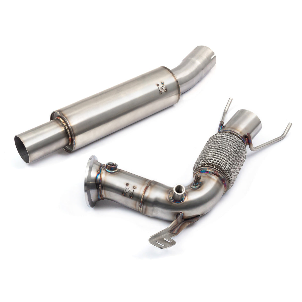 Cobra Sport BMW M135i F40 front downpipe with sports cat and de-cat, part of performance exhaust system, installed on vehicle.