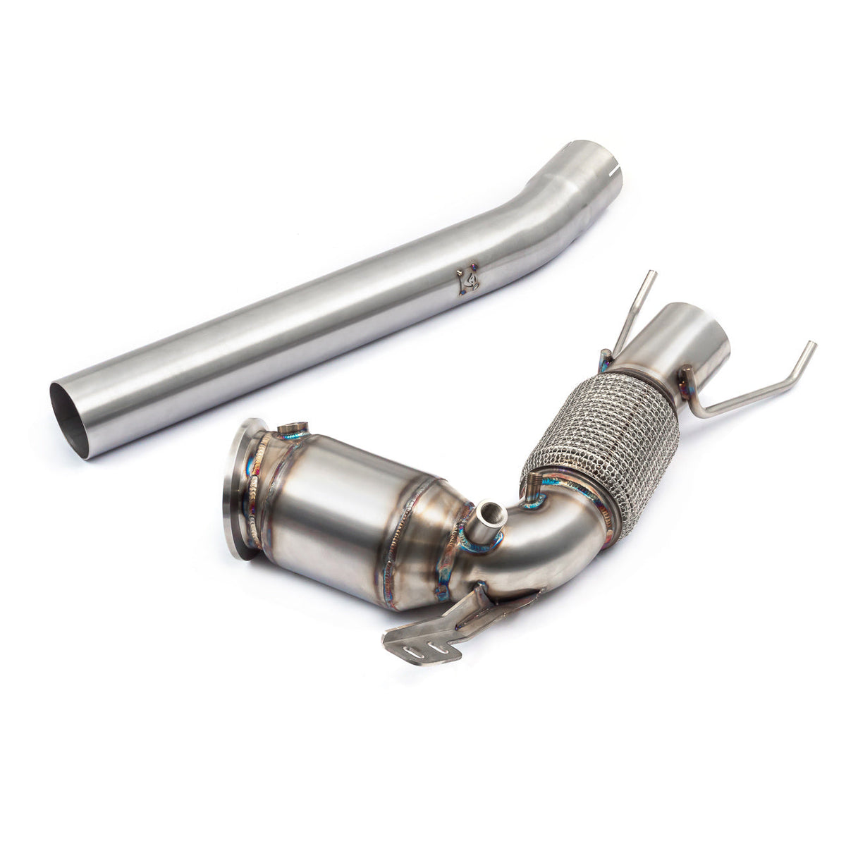 Cobra Sport BMW M135i F40 front downpipe with sports cat, non-resonated, designed for performance exhaust upgrade.