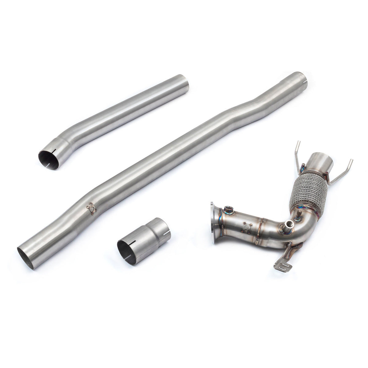 Cobra Sport BMW M135i F40 front downpipe sports cat de-cat exhaust part, fitted on the vehicle's engine bay.