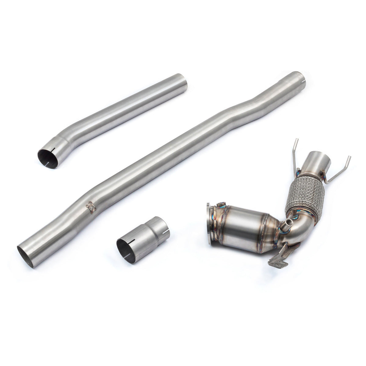 Cobra Sport BMW M135i F40 front downpipe with sports catalytic converter, part of performance exhaust package, non-resonated.