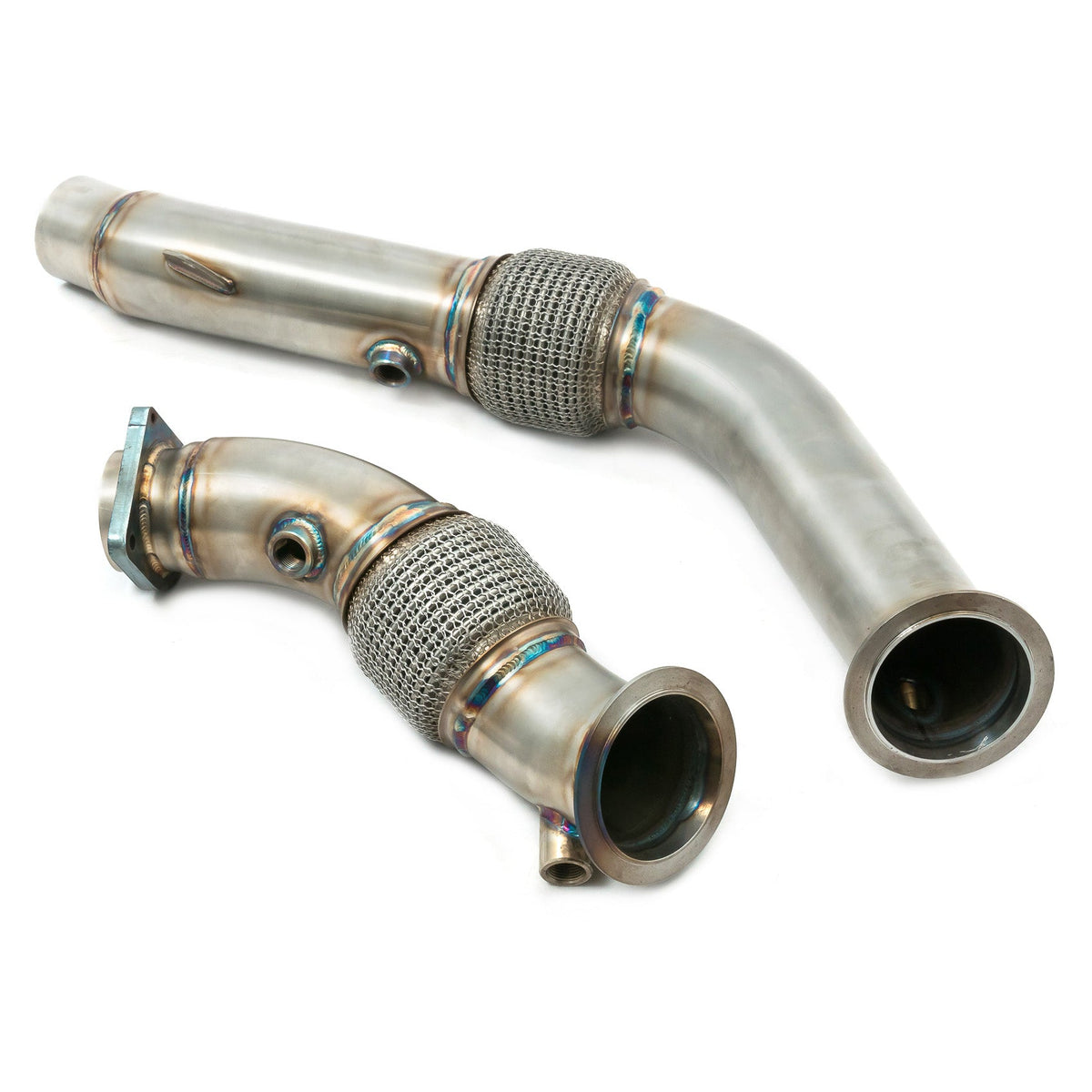 Cobra Sport BMW M2 Competition 3-inch primary de-cat downpipe for performance exhaust system, showcasing polished metal construction.
