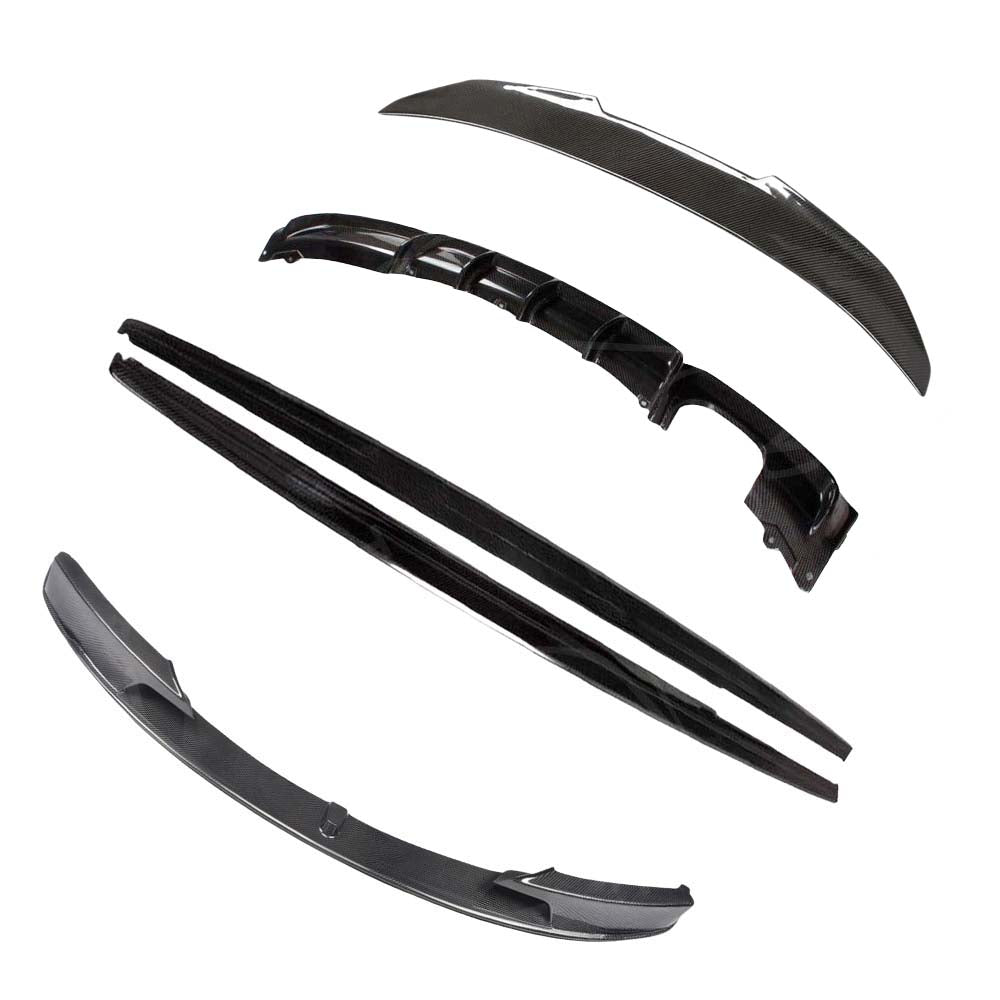 BMW F30 3 Series 2011-2019 full carbon fiber kit by CT Carbon, including spoiler and body accents, showcasing a sleek carbon fiber finish.