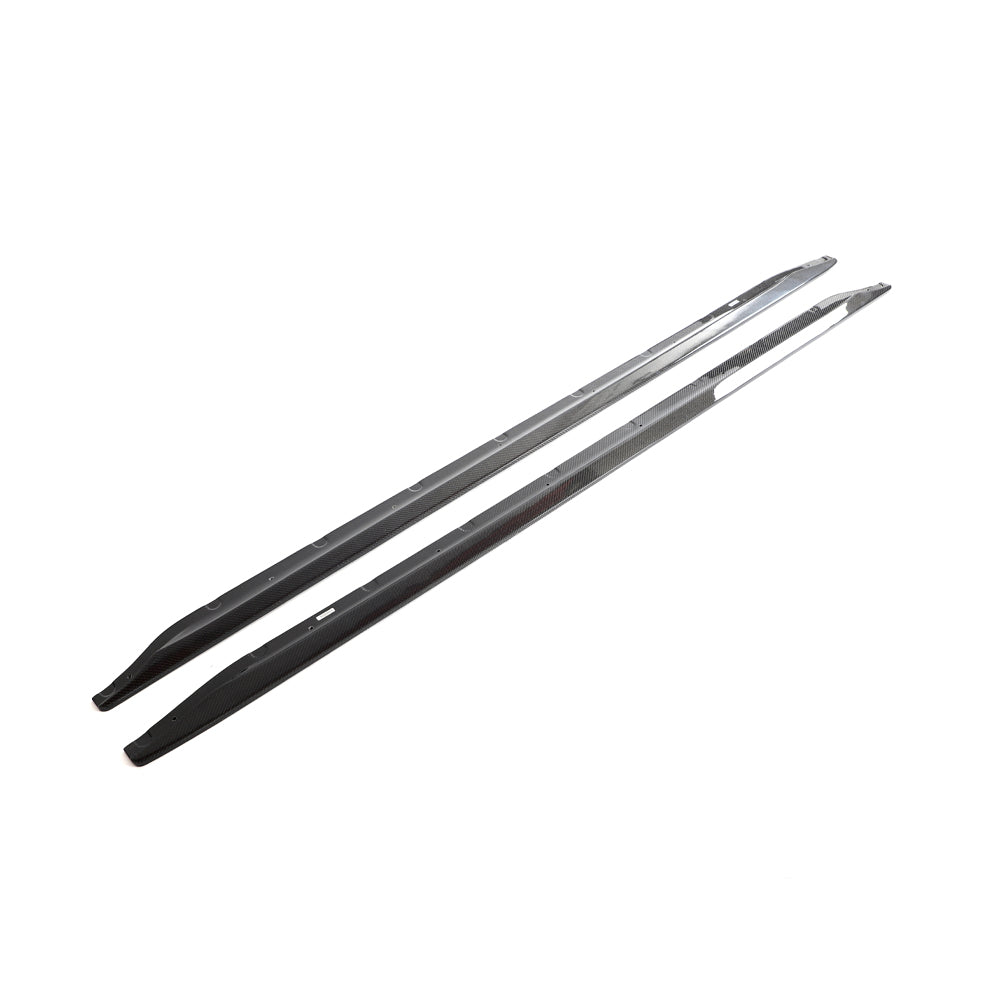 BMW M3 G80 G81 carbon fibre side skirt extensions by CT Carbon, showcasing sleek lightweight side skirts for enhanced aerodynamics.