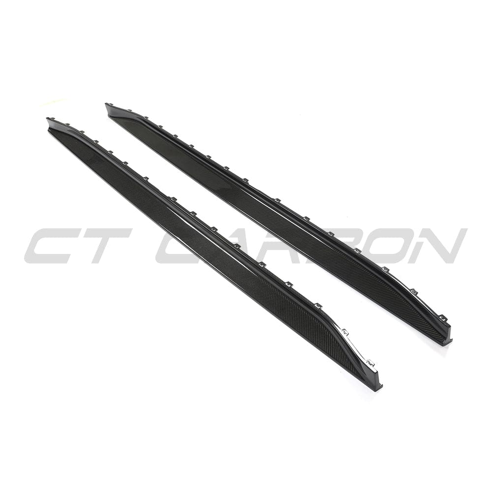BMW M3 G80 G81 carbon fiber side skirt replacement by CT Carbon, showcasing sleek, lightweight side skirts with a textured finish.