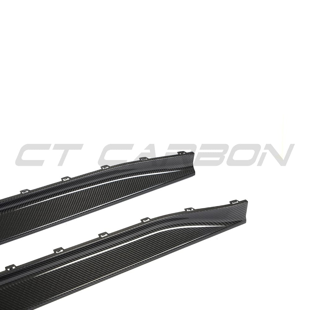 BMW M3 G80/G81 carbon fibre side skirt replacement by CT Carbon, showcasing sleek, lightweight side skirts for sporty style.