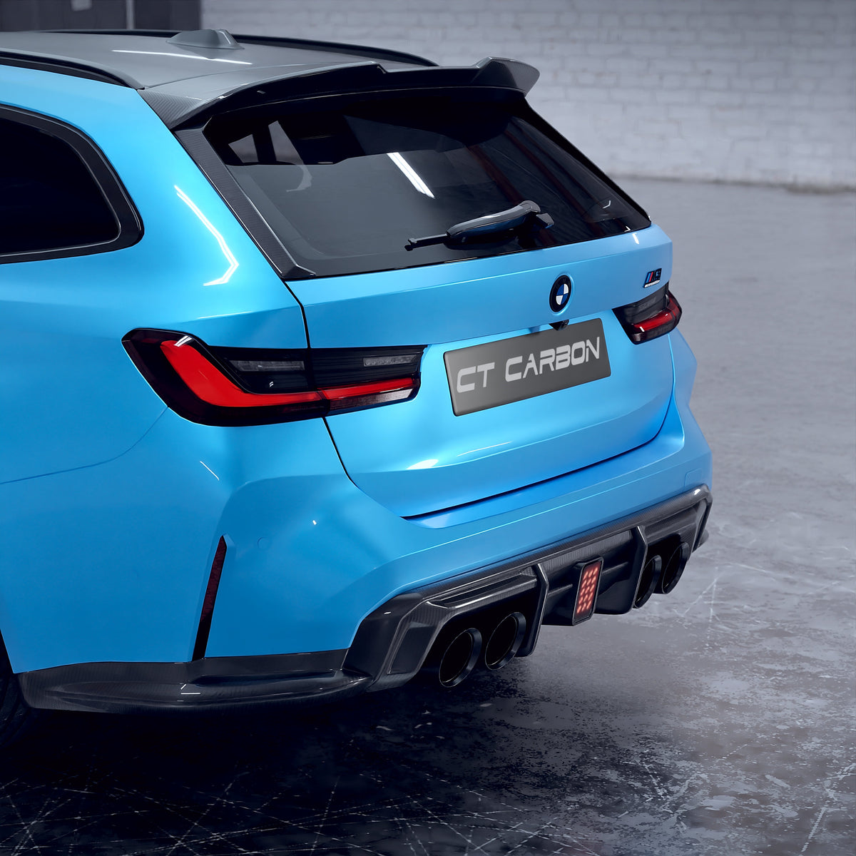 BMW M3 G81 G21 carbon fiber spoiler by CT Design, showing sleek aerodynamic design on the car's rear.