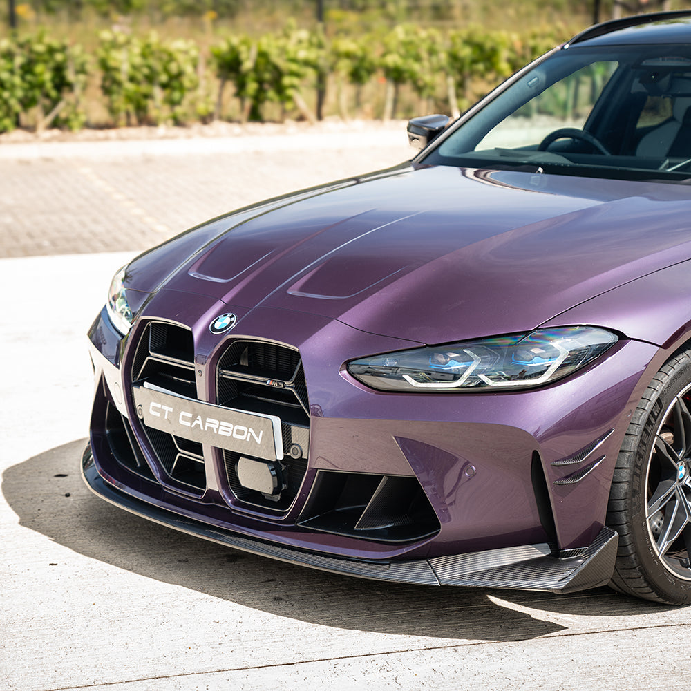 BMW M3 M4 G80 G81 G82 G83 Carbon Fibre Splitter by CT Carbon, CSL style, showcasing the aerodynamic front splitter design.