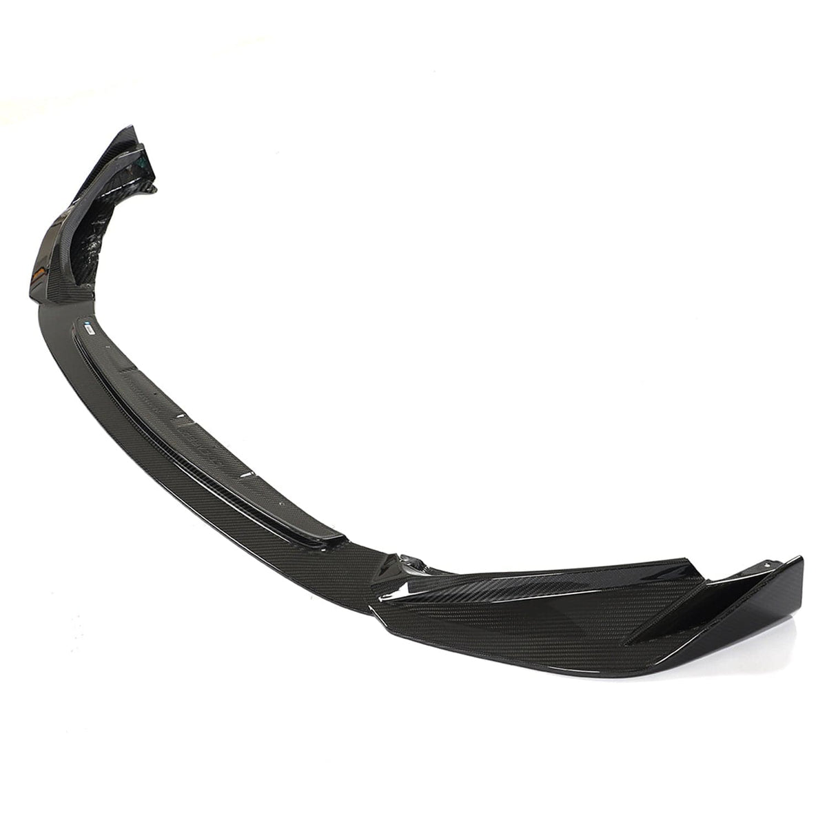 Black carbon fibre splitter for BMW M3 and M4 G80, G81, G82, G83 models by CT Carbon, designed for aerodynamic enhancement.