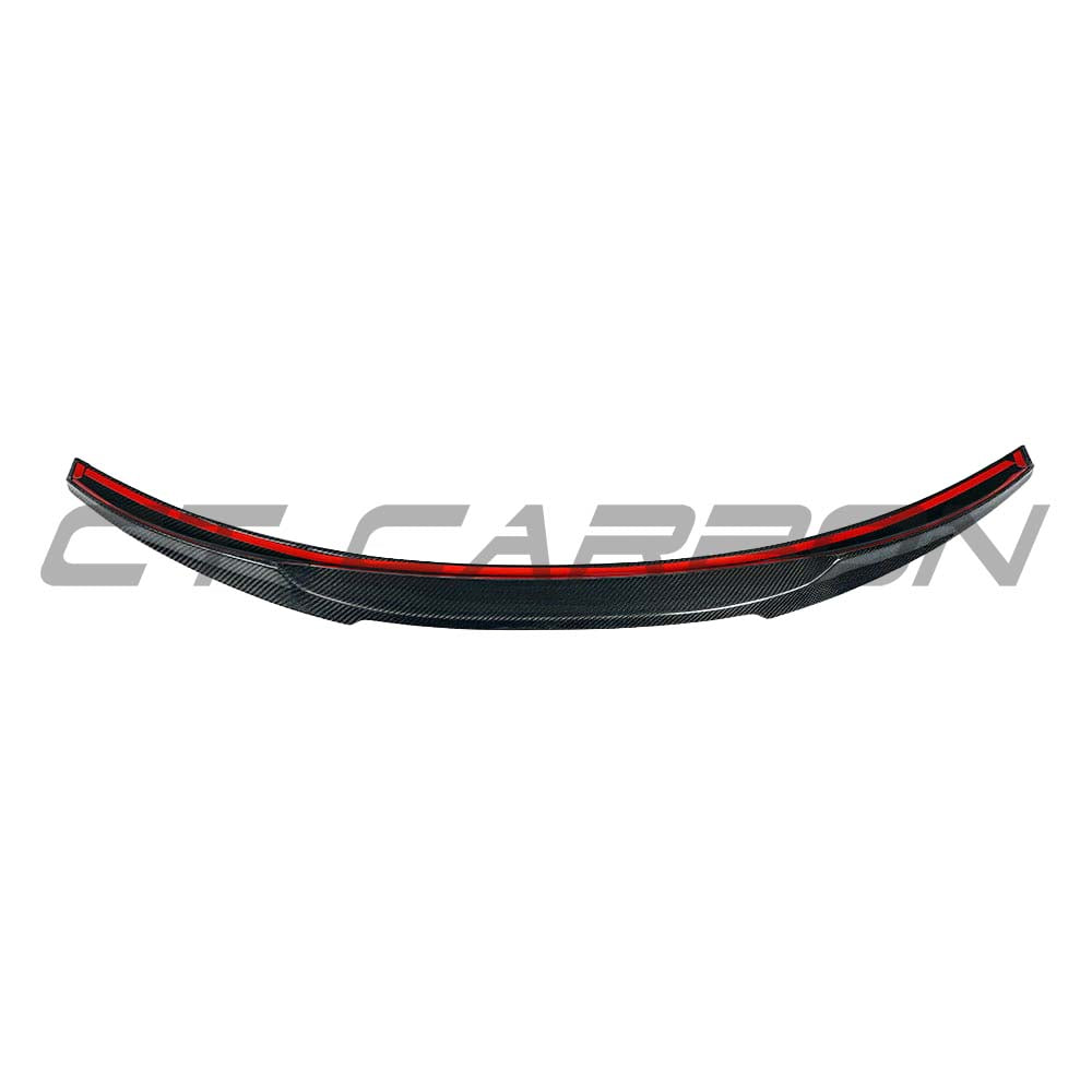 BMW M3 G80 G20 wet carbon fibre spoiler by CT Carbon, V3 style, showcasing sleek, aerodynamic design on the car's rear.