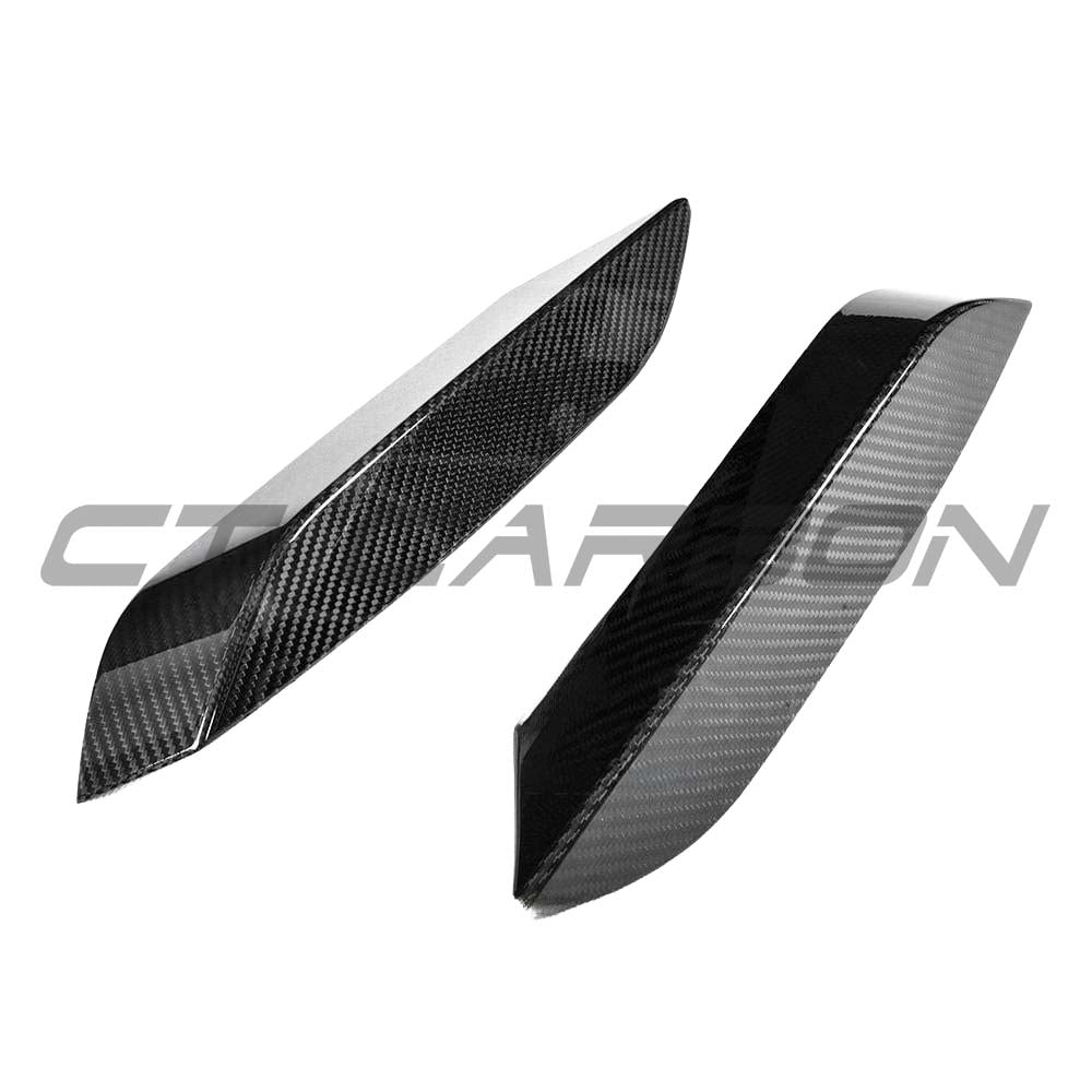 BMW M3 M4 F80 F82 F83 carbon fibre upper front canards, automotive accessories by CT Carbon, shown on a sleek sports car.