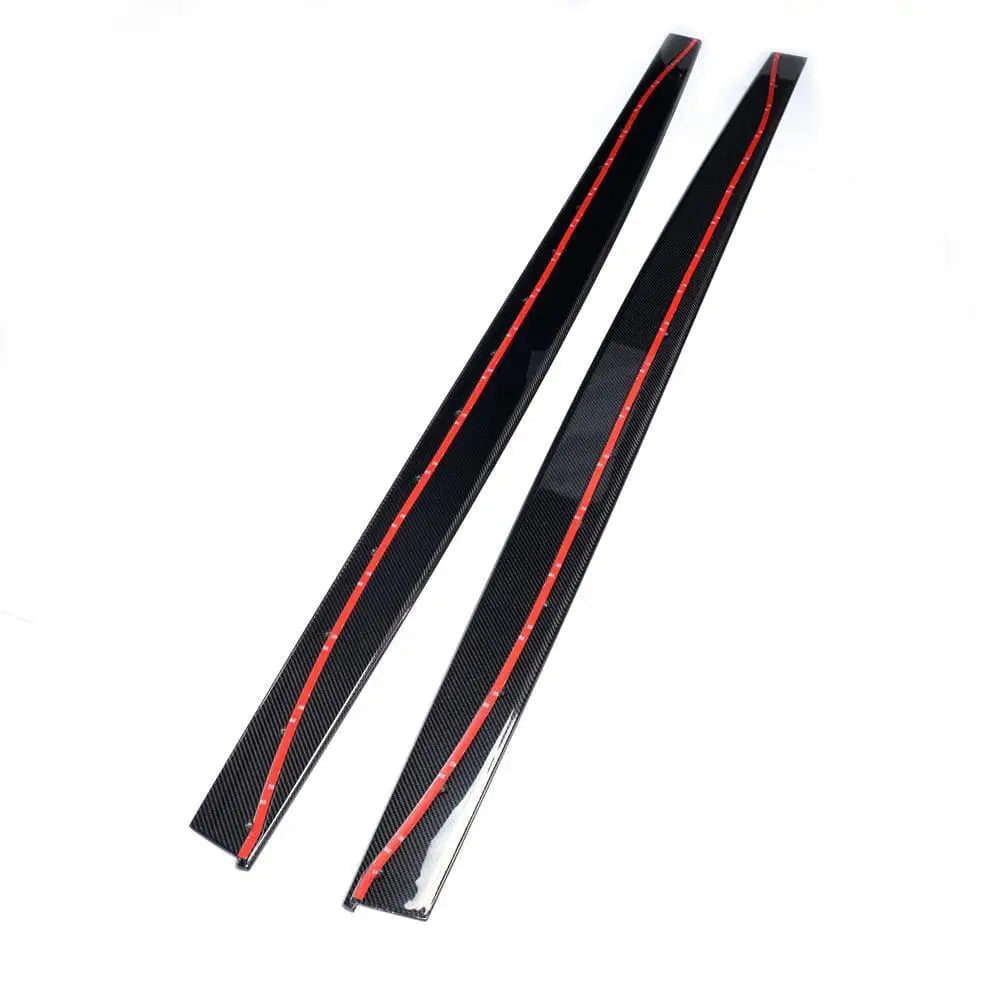 BMW M3 M4 F80 F82 F83 carbon fiber side skirts by CT Carbon, showcasing sleek V1 style on a sporty vehicle.
