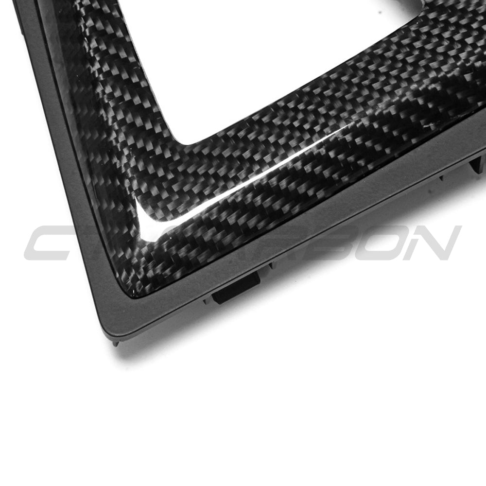 BMW M3 M4 F80 F82 F83 F87 ALCANTARA and carbon shifter surround accessory for right-hand drive by CT Carbon, close-up view.