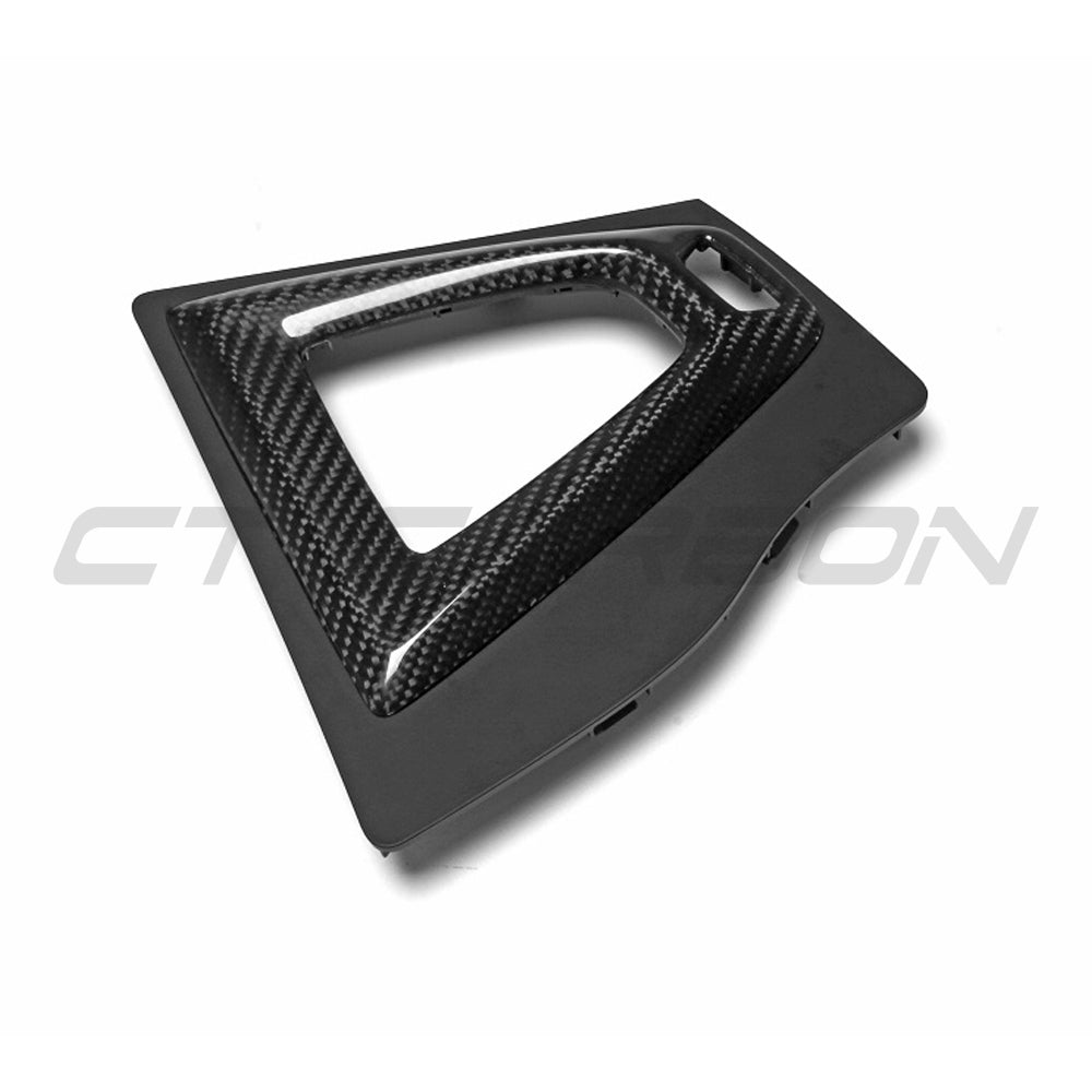 BMW M3/M4 F80/F82/F83/F87 CT Carbon Alcantara and carbon shifter surround for right-hand drive, detailed close-up view.