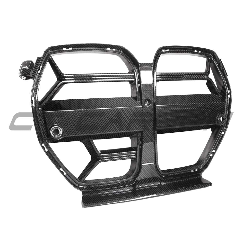 BMW M3 M4 G80 G82 carbon fiber front end kit with grille and accessories, showcasing sleek, lightweight carbon fiber components.