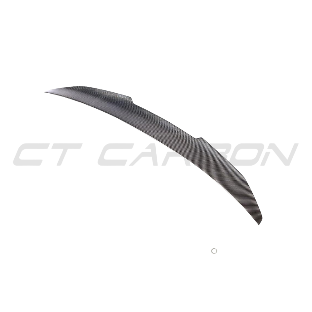 BMW M5 F90 and G30 5 Series carbon fibre spoiler, V1 ducktail style by CT Carbon, shown on the car's rear with aerodynamic design.