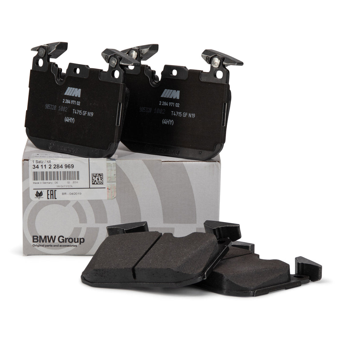 Genuine BMW F8X front brake pads with wear sensor for F80 M3, F82/F83 M4, and F87 M2, shown with brake pad set and sensor