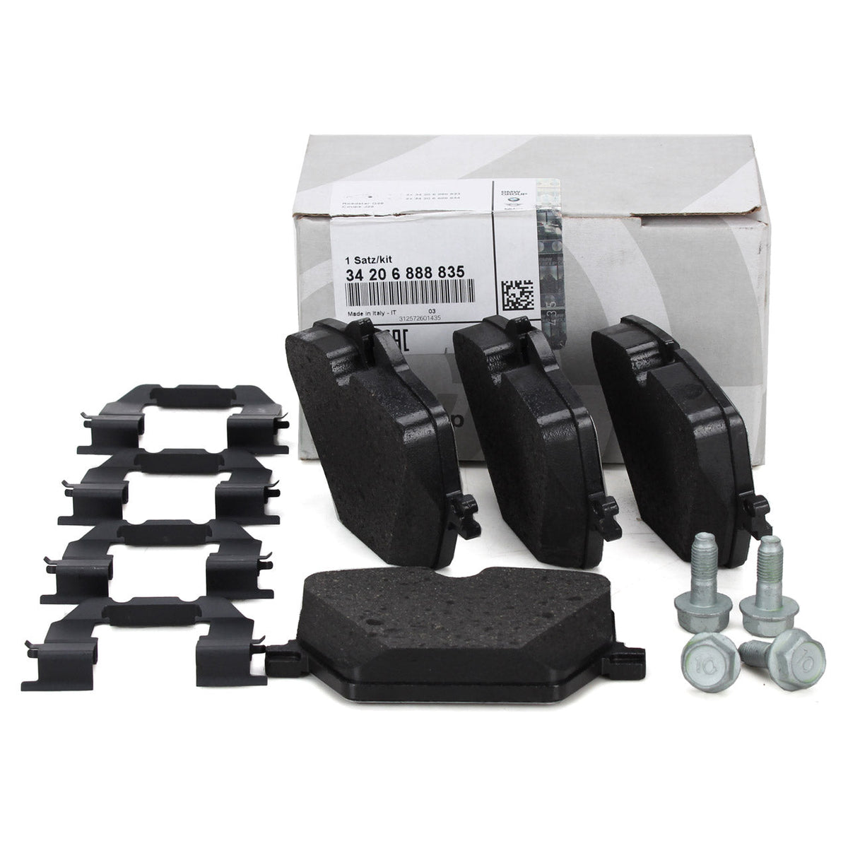 Genuine BMW G20 G29 rear brake pads for BMW M340i, showing new brake pads with branding and packaging details.