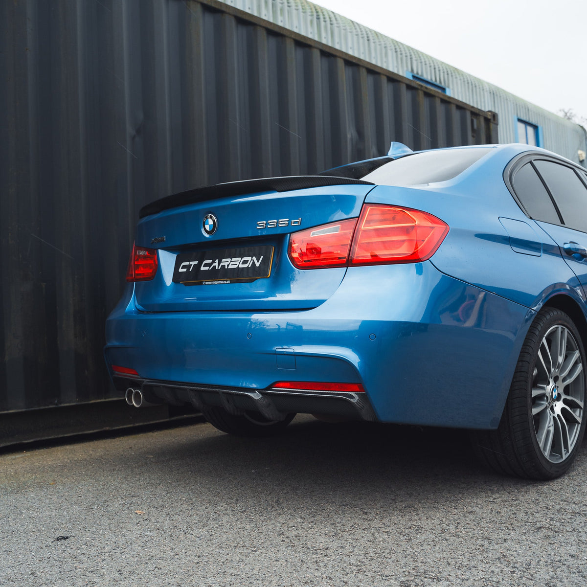 BMW F30 3 Series saloon full carbon fibre kit by CT Carbon, showing the sleek, lightweight carbon accessories on the car.