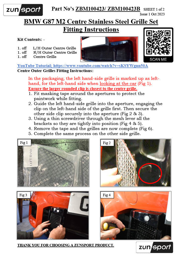 BMW G87 M2 ZunSport stainless steel front grille set with detailed fitting instructions visible in the image.