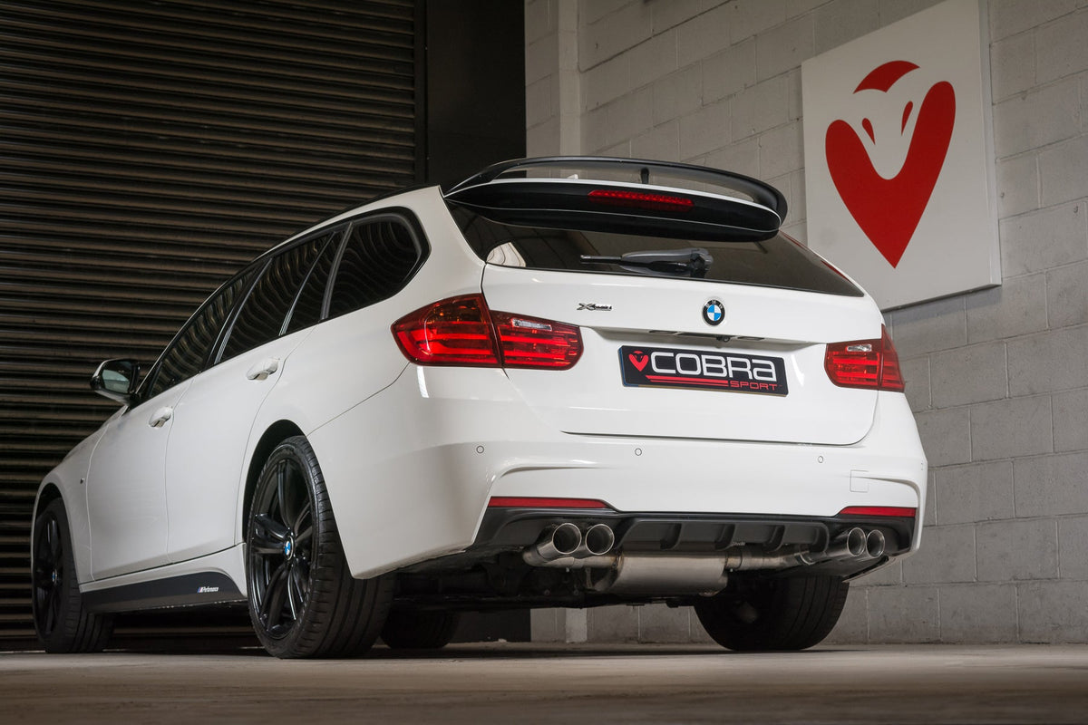 Cobra Sport BMW 325D F30 LCI/F31 LCI quad exit M3 style performance exhaust conversion on a touring model.