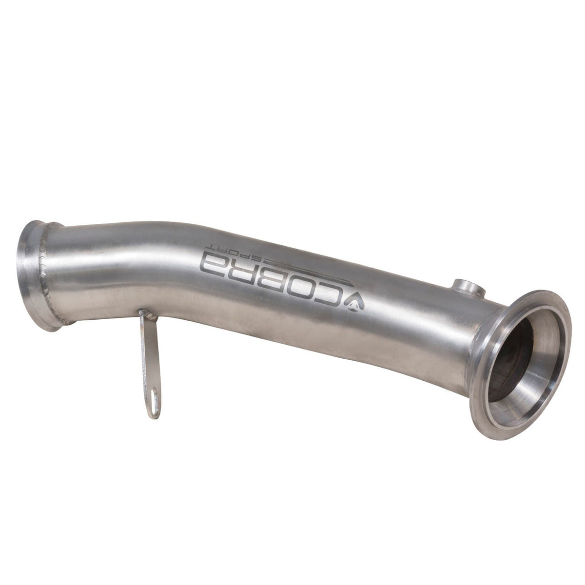 Cobra Sport BMW M135i sports cat and de-cat downpipe, performance exhaust pipe with polished metal finish and brand logo.