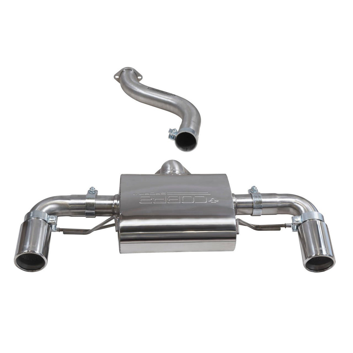 Cobra Sport BMW M240i rear axle back exhaust system with polished metal finish and dual exhaust tips, designed for F22/F23 2016-2021.