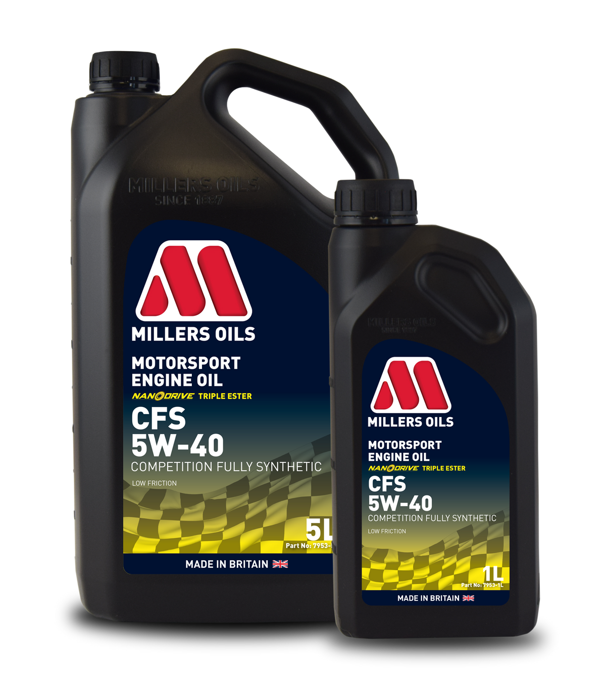 Millers Oils CFS 5W-40 engine oil container, suitable for automotive engines, with a black and yellow label design.