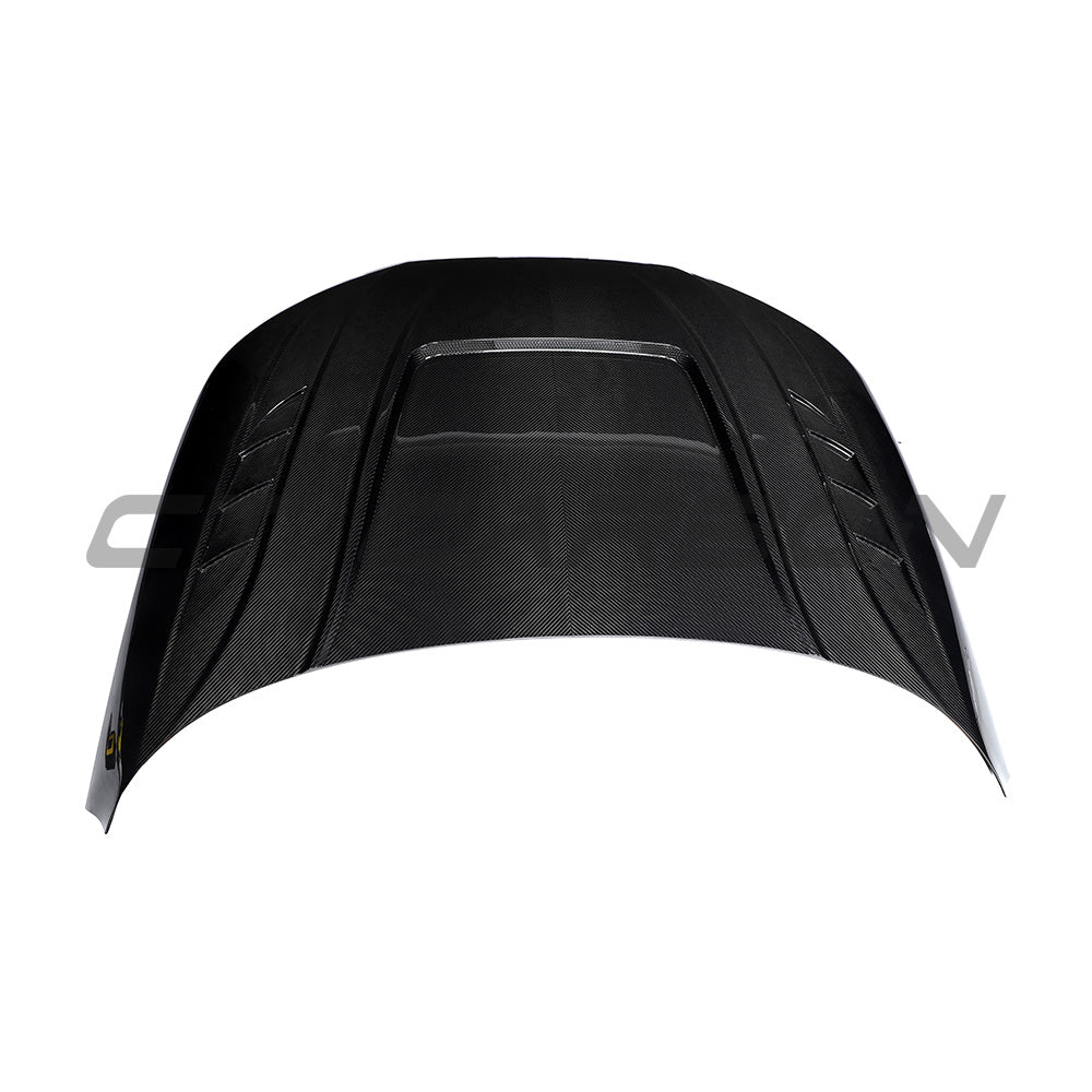 Carbon fiber bonnet for Audi A4/S4/RS4 B9/B9.5 2016-2024 by CT Carbon, showing a sleek, lightweight hood with a textured finish.