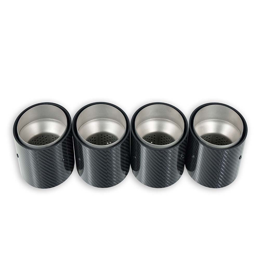 Set of four CT Carbon chrome slash cut exhaust tips for BMW M2, M3, M4 G87/G80/G81/G82/G83 cars, made from carbon with chrome finish.