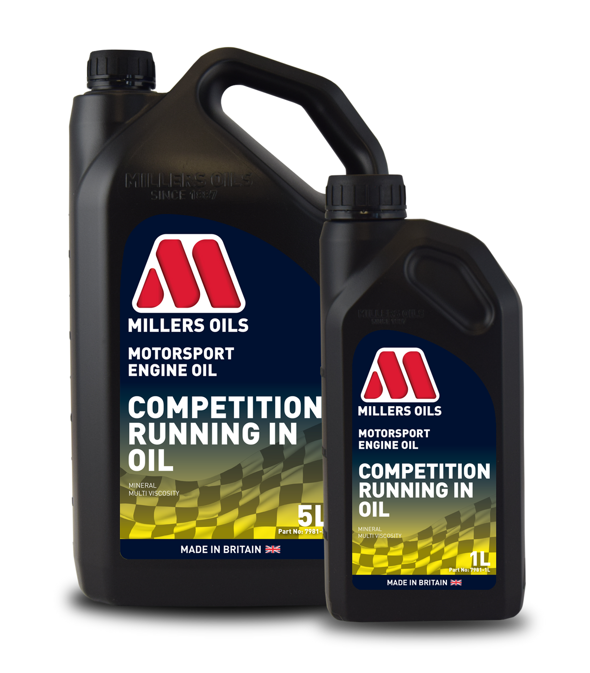 Millers Oils Motorsport Comp Running In Oil container, high-performance engine oil for racing engines, with detailed label visible.