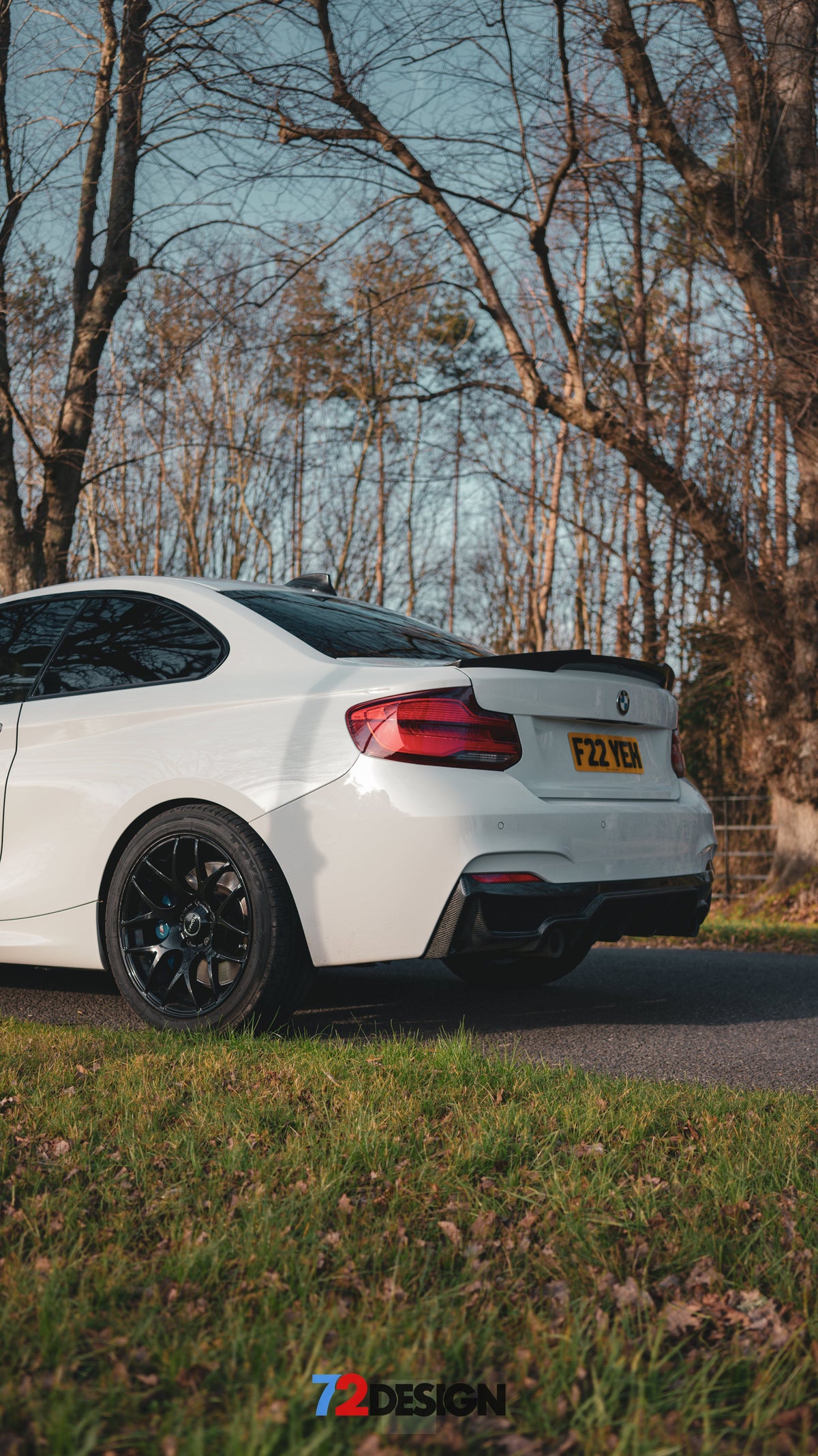 BMW 2 Series F22 gloss carbon fibre spoiler by 72Design, showcasing sleek, performance-style aerodynamic design.