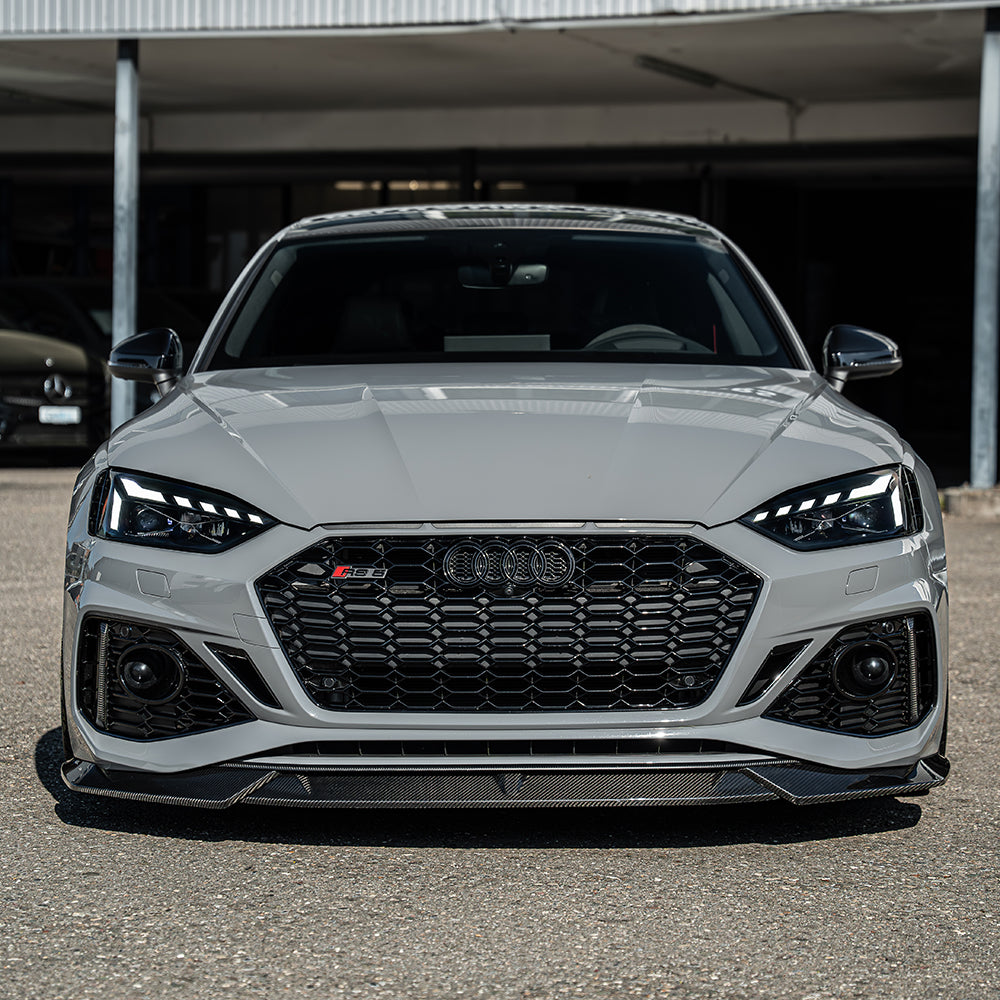 Carbon fiber splitter for Audi RS5 B9.5 Sportback and Coupe 2020-2025 by CT Carbon, showing the sleek, aerodynamic front splitter.