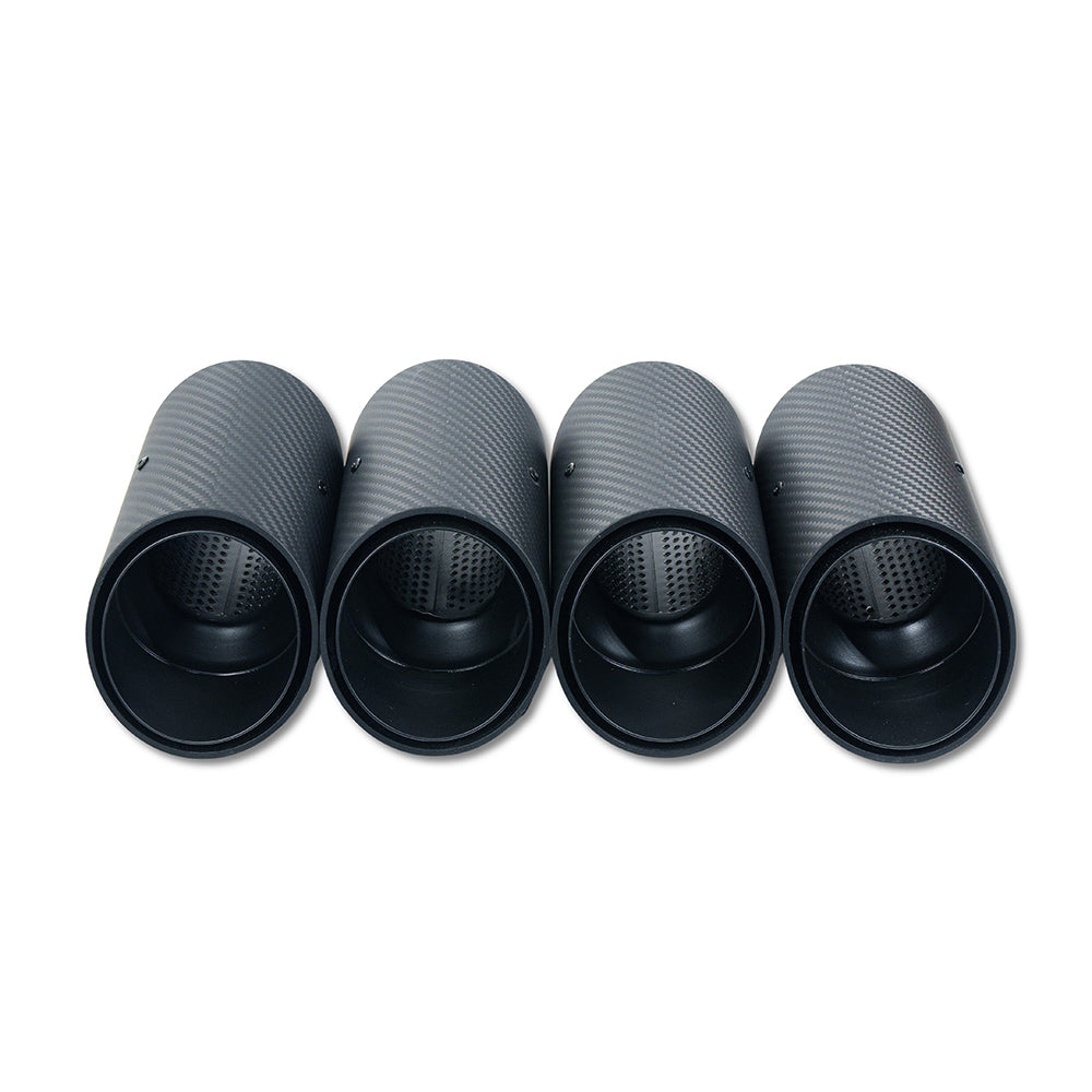 BMW G90 M5 and G99 M5 Touring 2024 carbon fiber slash cut exhaust tips in matte black by CT Carbon, showing detailed close-up view.
