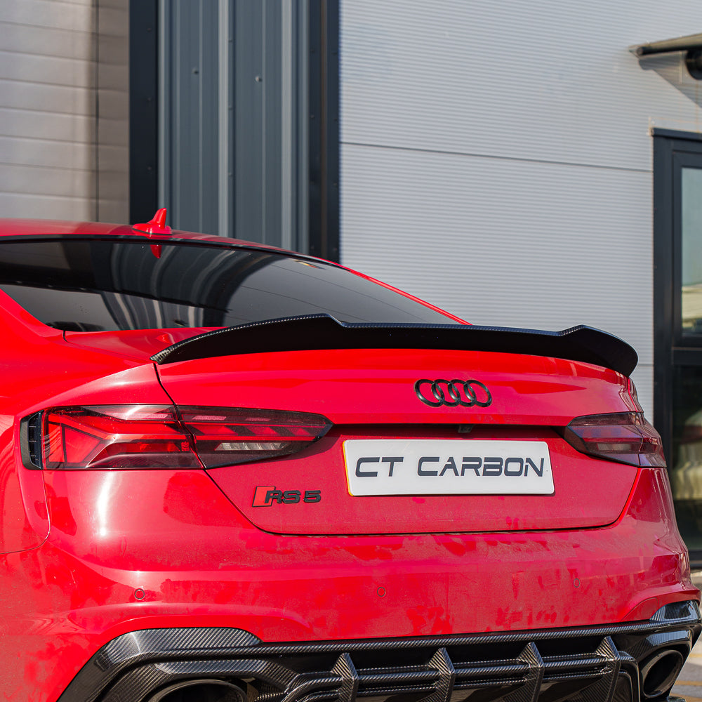 Carbon fiber spoiler for Audi A5/S5/RS5 B9/B9.5 coupe by CT Carbon, shown on a sleek 2016-2025 vehicle.