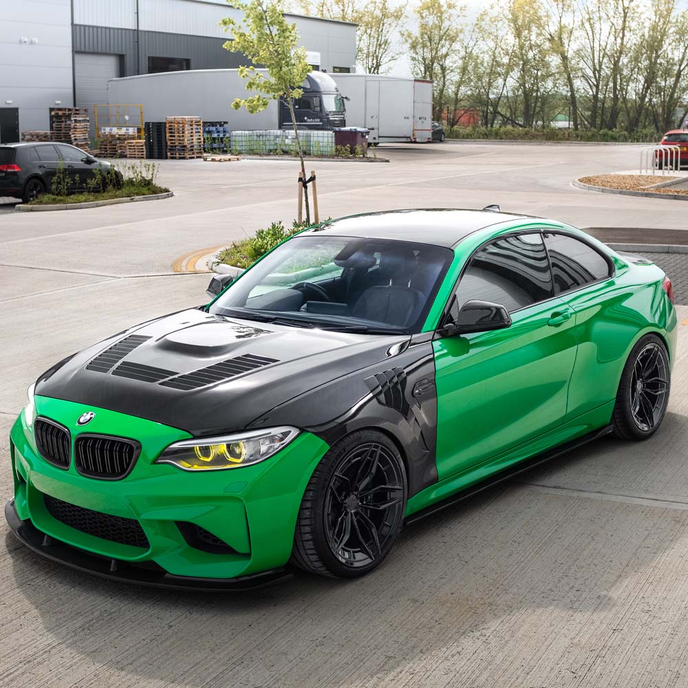 BMW F87 M2/M2C CT Carbon full carbon fibre kit installed on car, showcasing lightweight, high-performance carbon fiber components.