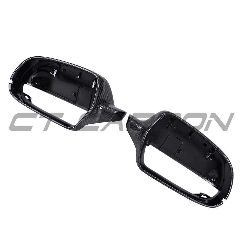 Carbon fibre side mirror covers for Audi A4, S4, A5, S5 B8.5 (2012-2016) by CT Carbon, showcasing sleek mirror accessory details.