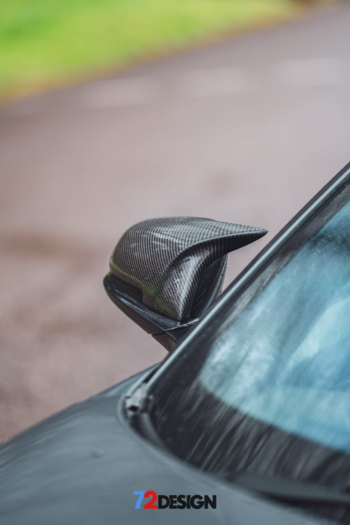 BMW M style carbon fibre wing mirror replacement covers by 72Design, featuring sleek, lightweight design for E97 model.