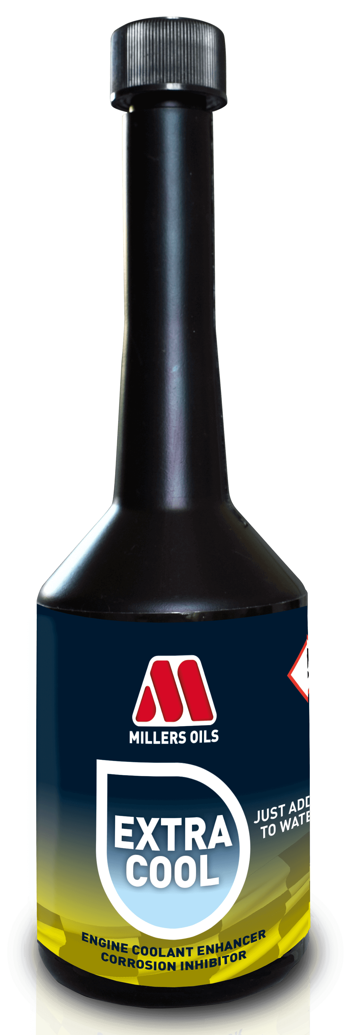 Millers Extra Cool 250ml coolant bottle with blue liquid, designed for vehicle engine cooling systems.