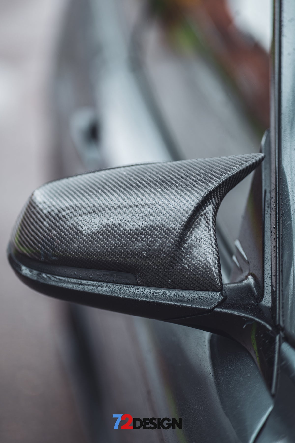 BMW M style carbon fibre wing mirror replacement covers by 72Design, featuring sleek, textured finish for a sporty look.