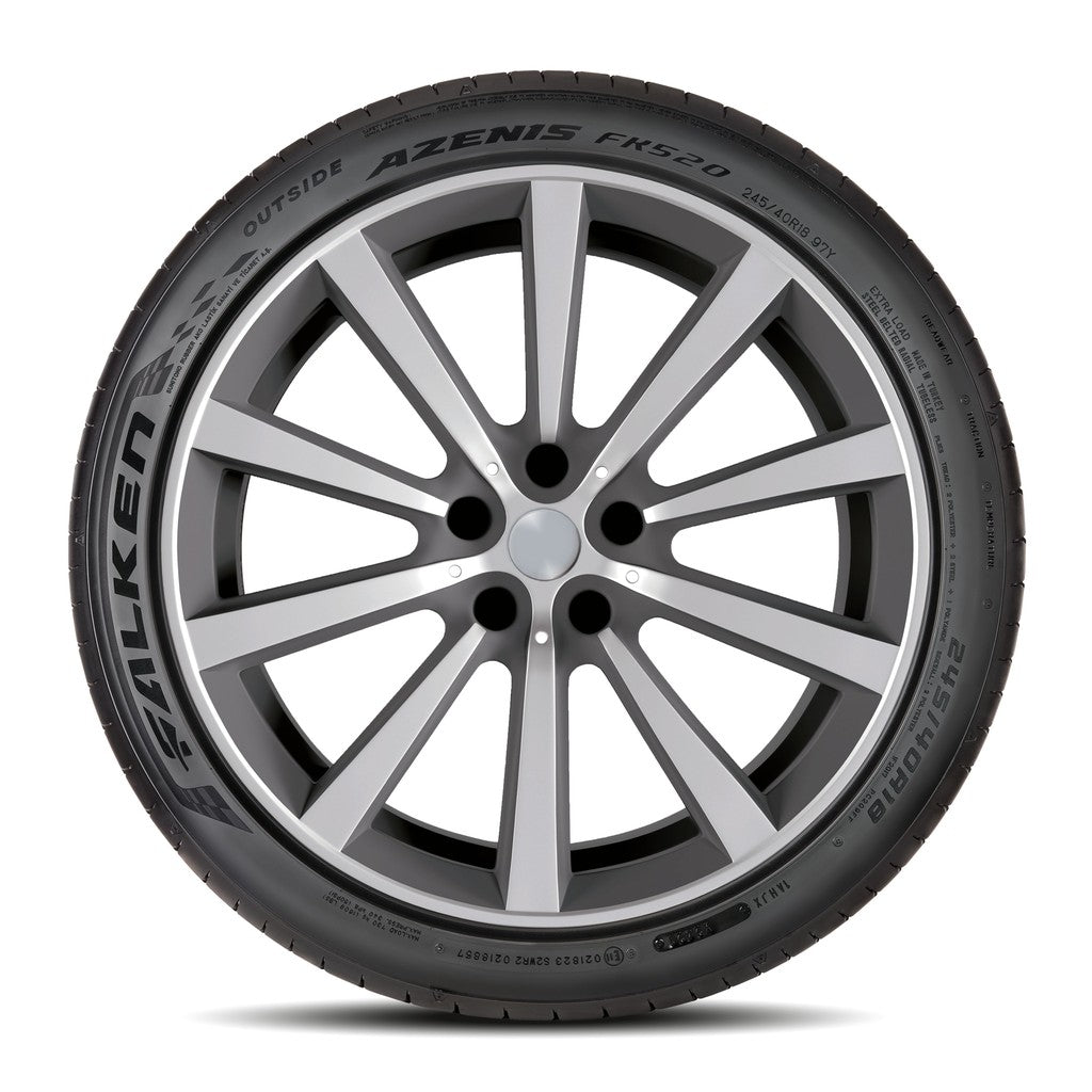Sidewall view of Falken Azenis FK520 tires showing tread pattern and branding on black rubber sidewall.
