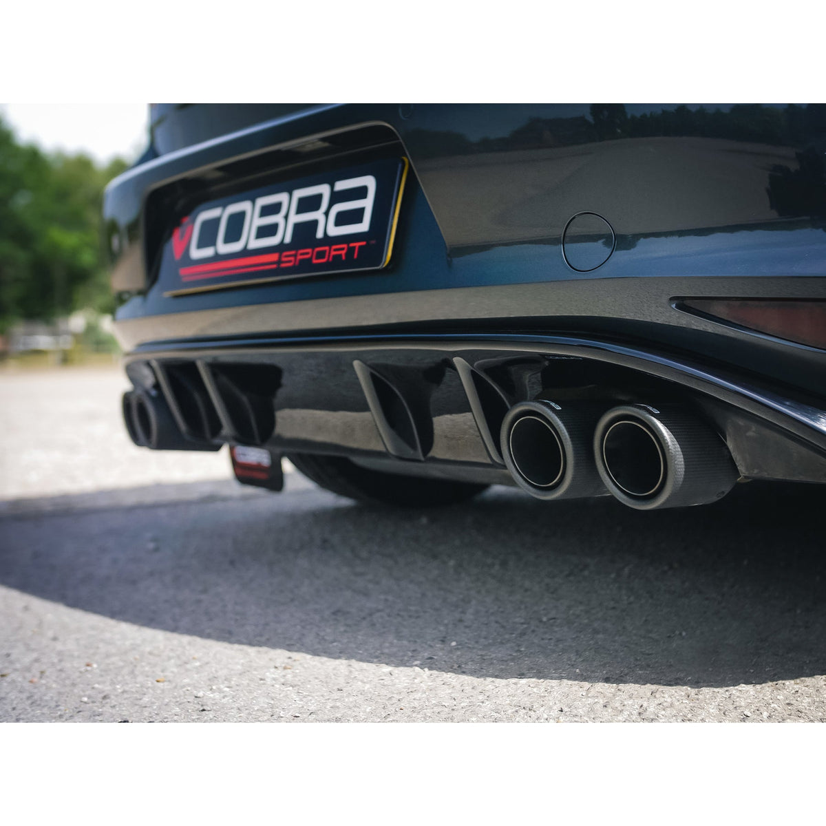 Cobra Sport VW Golf GTI Mk7 2.0 TSI turbo back exhaust with quad exit, styled like Golf R performance exhaust system.